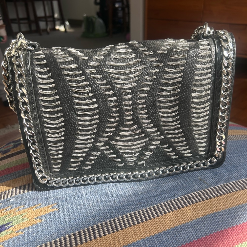 Zara Black and Silver Patterned Chain Crossbody Bag